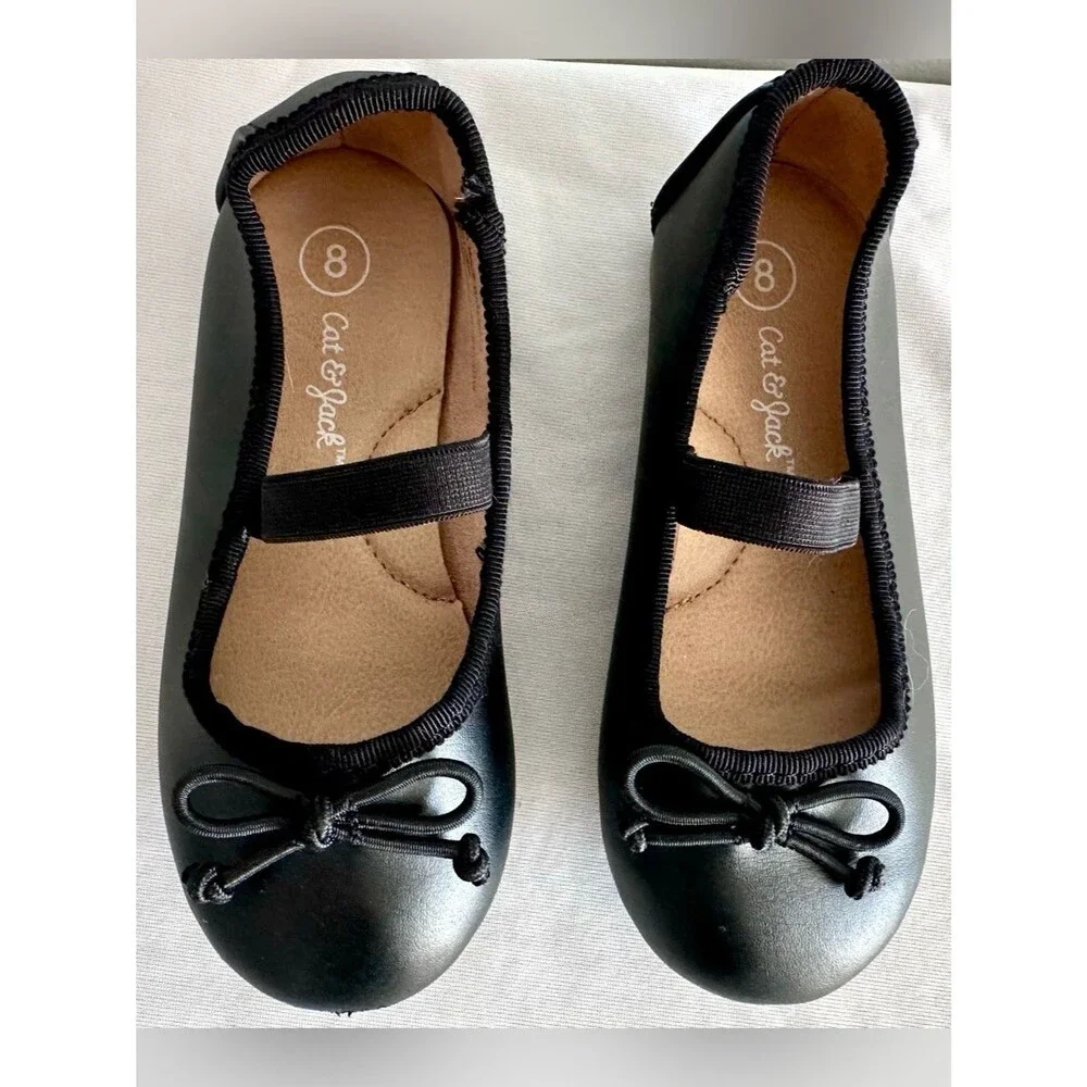 Cat & Jack Girls Size 8 Black Mary Jane Ballet Flats – Bow Detail Dress Shoes